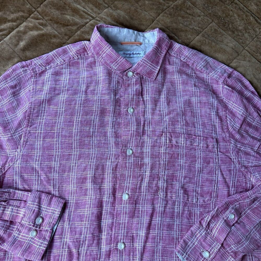 Tommy Bahama Mens Ventana Plaid 100% Linen Shirt Size Large Pink Coastal Preppy